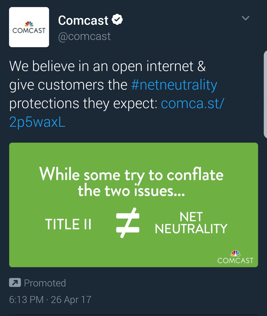 Comcast tweet concerning net neutrality.