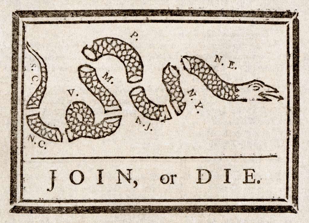 Join or Die woodcut illustration of a snake segmented into eight pieces