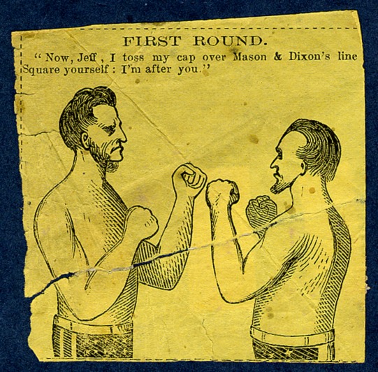 Political cartoon. Two shirtless men stand facing one another with fists raised.