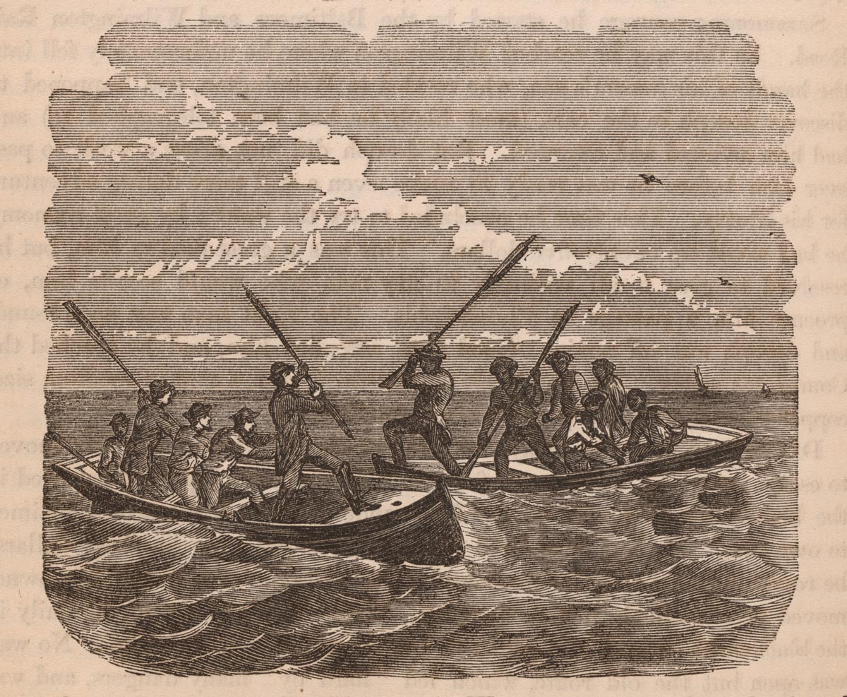 Rowers in two opposing boats wave their oars at one another threateningly.